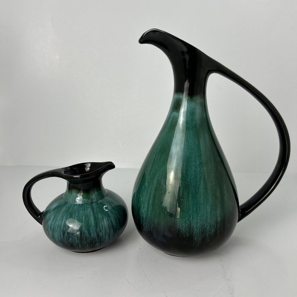 2 Blue Mountain Jug Pitcher Vase Green Black Sleek Decorative Vintage MCM